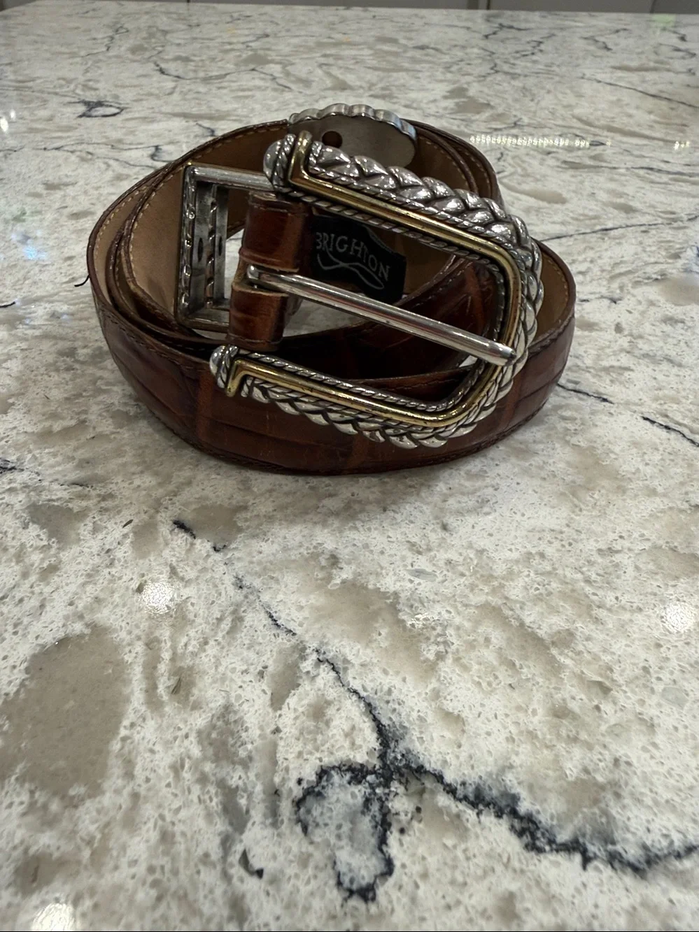 Brighton Vintage Brown Croc Embossed Leather Belt Silver Gold Western Buckle